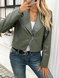 2024 new autumn and winter European and American fashion style short leather top with zipper v neck dark green outwear slim fit