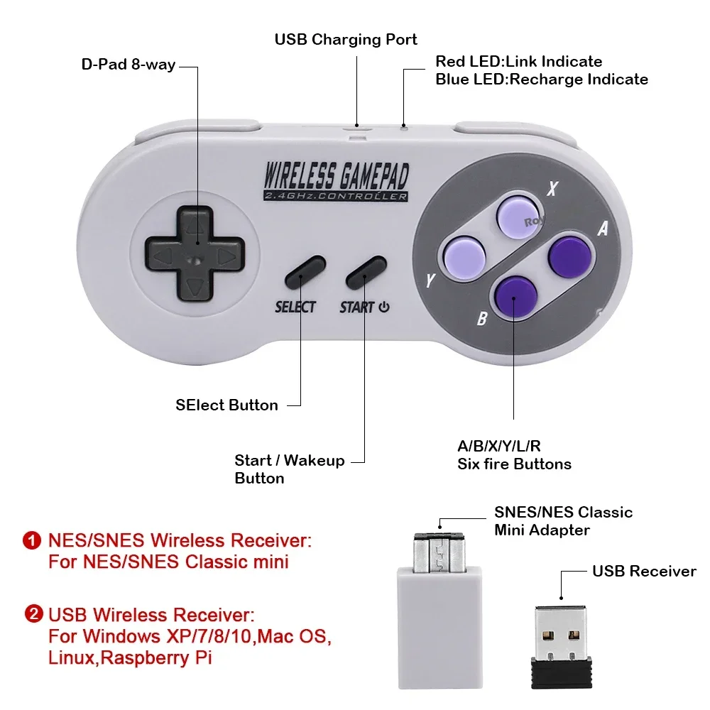 Colorato 2 Reciever Wireless 2.4G Controller di gioco Joypad Joystick Gamepad per SNES Mini PC Windows per Switch OLED & NS Switch