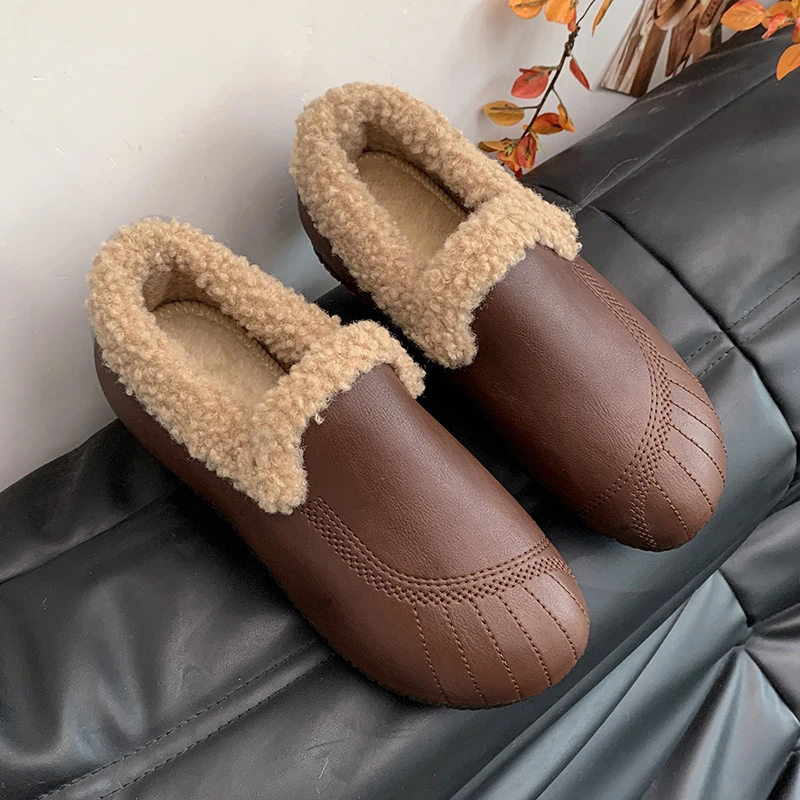 

Женские зимние теплые туфли на плоской подошве, удобные повседневные короткие плюшевые туфли без шнуровки на низком каблуке