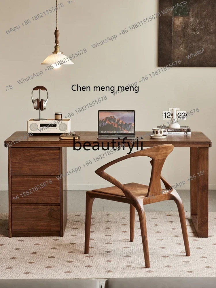 

Североамериканский стол из черного ореха, скандинавский простой письменный стол из цельного дерева с выдвижным ящиком, компьютерный стол2936