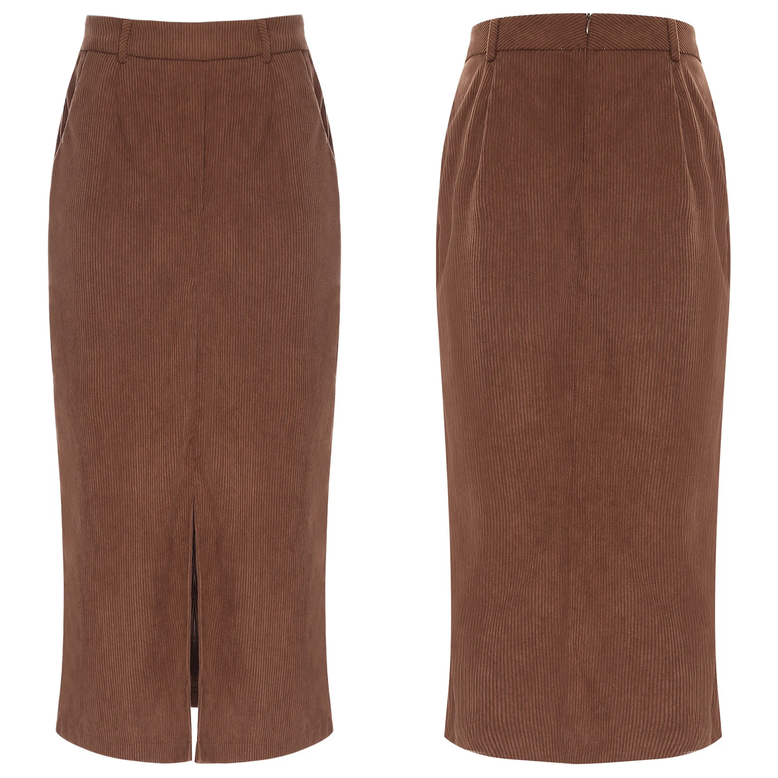 

Autumn High Waist Front Slit Midi-length Skirt Woman Casual Clothes Fashion Womens Vintage Corduroy Pencil Skirt