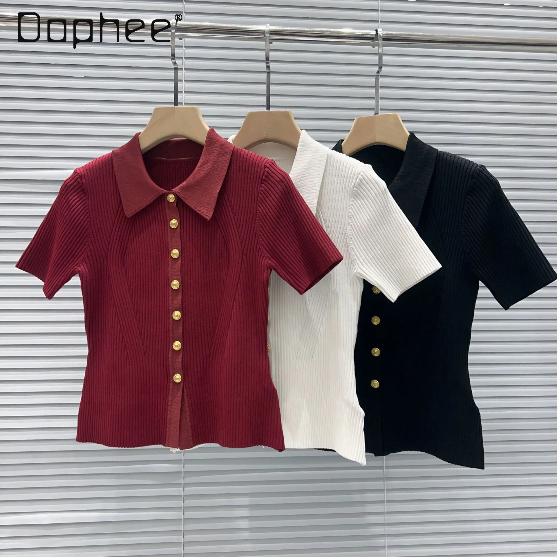 

Spring Summer New Fashion Single Metal Buckle Fashion Versatile Slim Polo Neck Knitted Cardigan Temperament Classic Style Tops