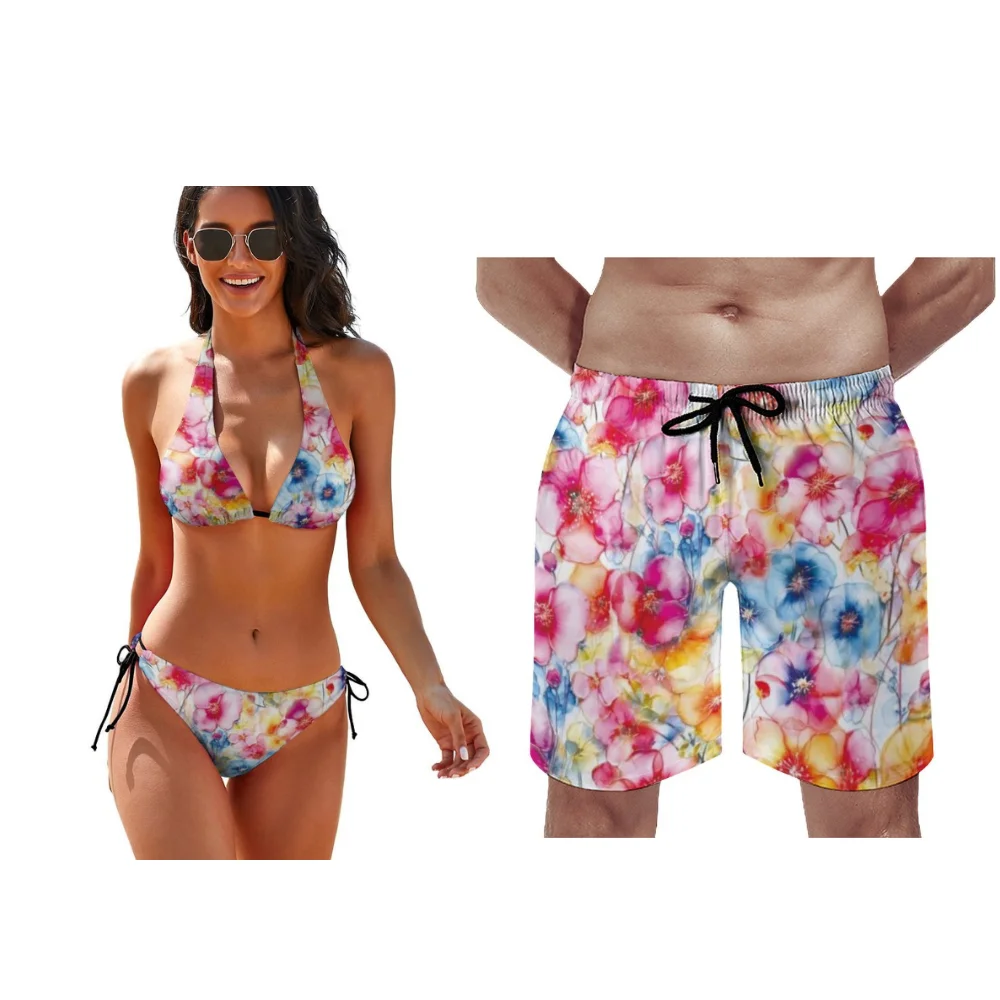 

Customizable Patterned Beach Couple Outfits Flower-Patterned Bikinis Comfortable Beach Swimsuits All Newly Designed
