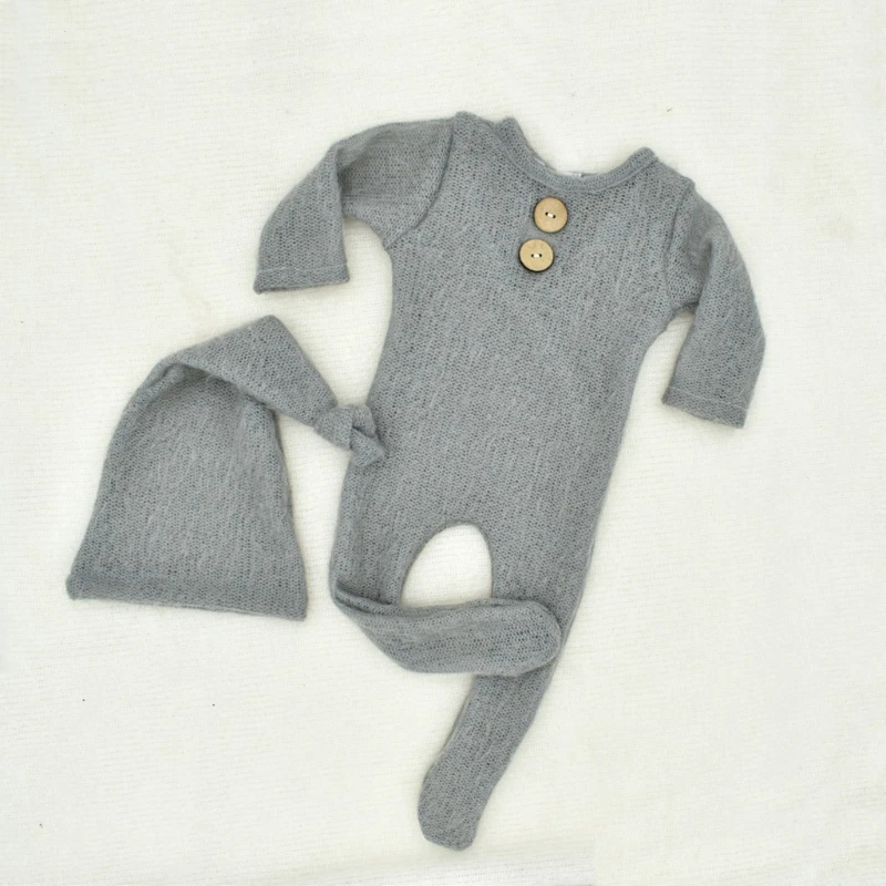 2 Stks/set Gebreide Jumpsuit Lange Staart Voor Hoofd Wrap Tulband Beanie Cap Pasgeboren Fotografie Rekwisieten Baby Boy Girl Romper Hoed