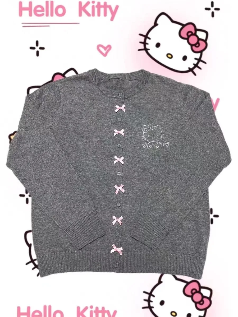 

Sanrio Hello Kitty Knitted Cardigan for Women Cartoon Diamonds Hello Kitty Pink Silk Bow Sweater Harajuku Chic Button Knitwear