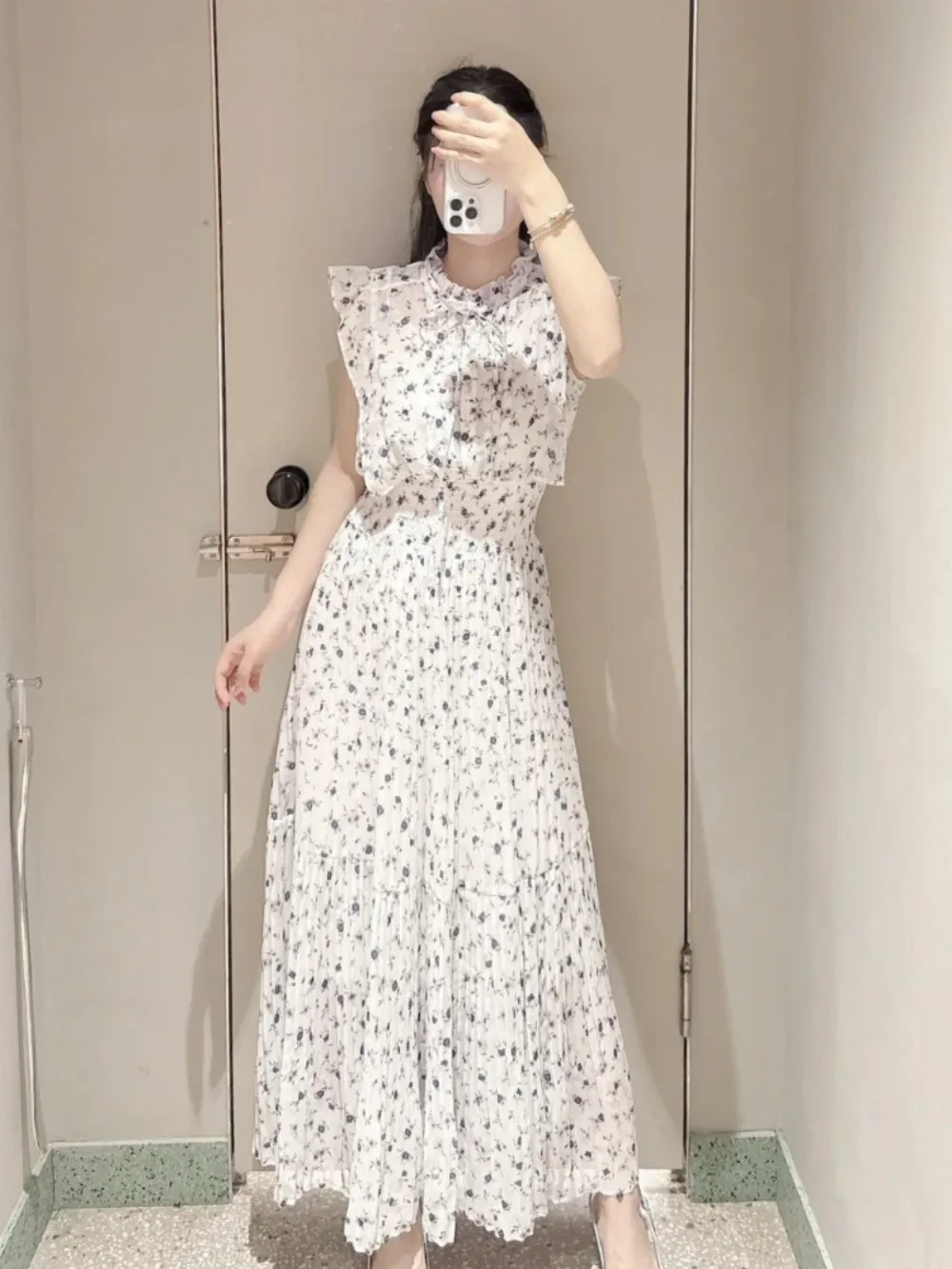 Kuzuwata Fresh Mid-length Print High Waist Robe New Gentle Literary Lace Up Pleated Slim Exquisite Mujer Japan New Elegant Dress image 3