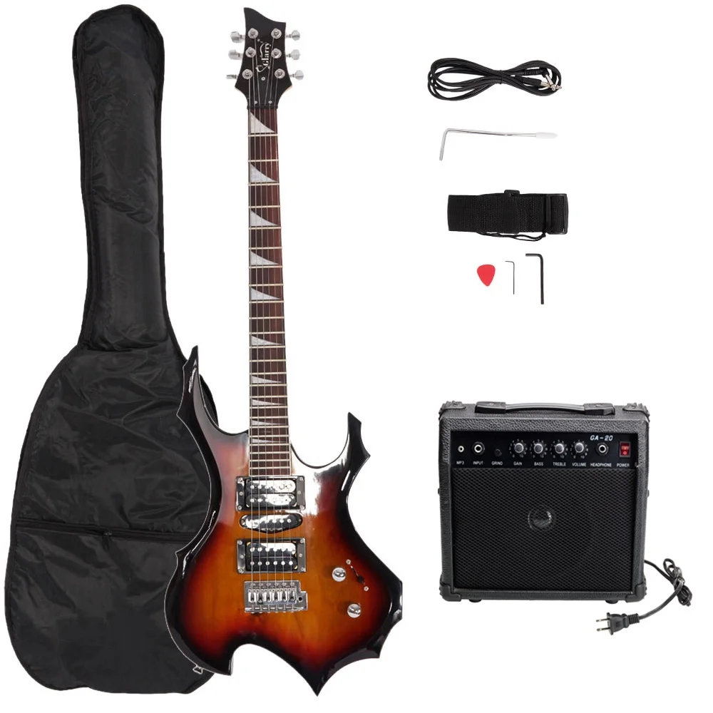 Flame Shaped Electric Guitar with 20W Electric Guitar Sound HSH Pickup Novice Audio Bag Strap Picks Shake Cable Wrench Tool