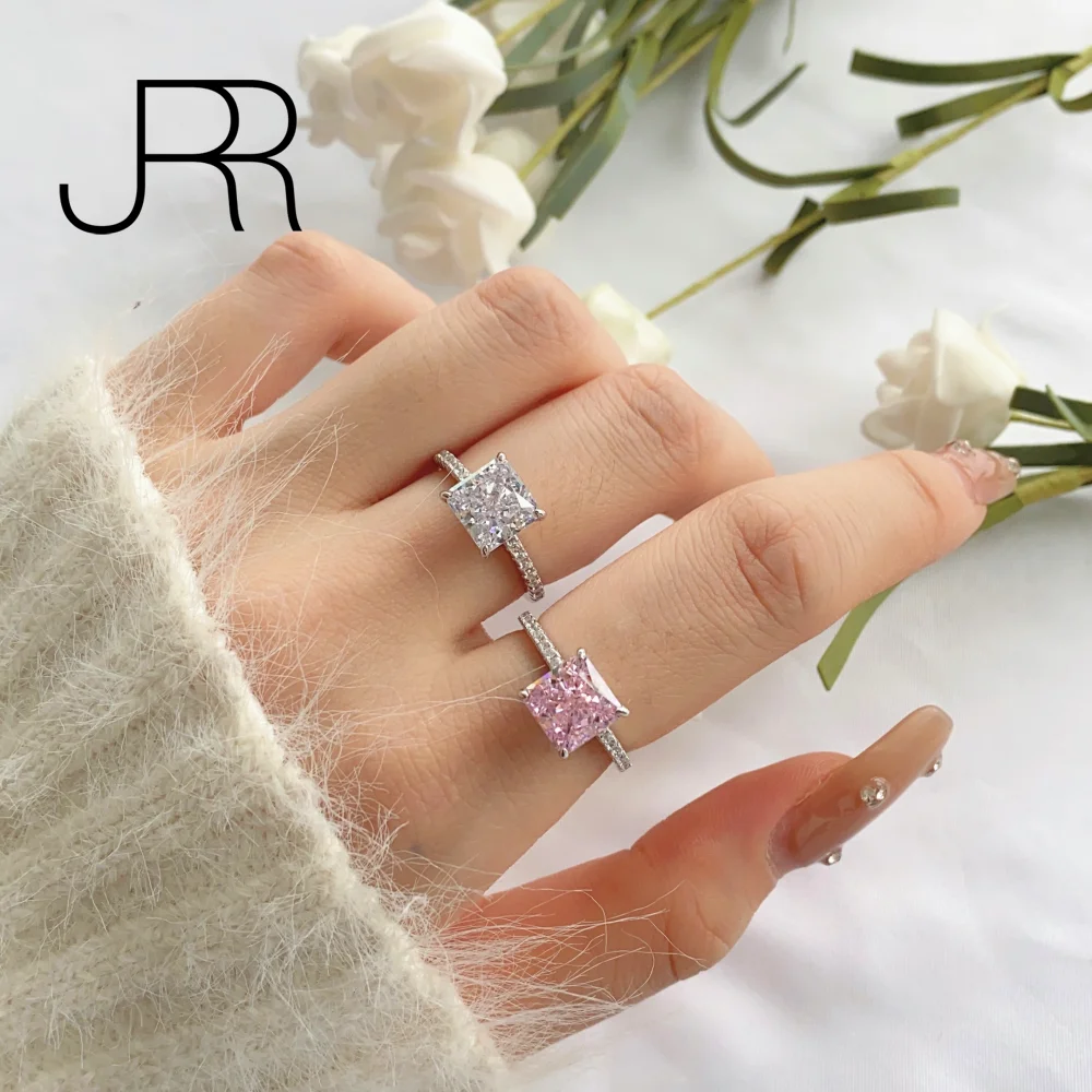 

JRR Free Shipping 925 Sterling Silver 8*8MM Square 8A Crushed Ice Cut White Pink Gemstone Wedding Engagement Rings Fine Jewelry