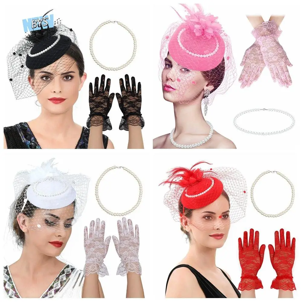 

Exquisite Mesh Feather Headband Pearl Sweet Vintage Fascinator Hat Hair Band Hair Hoop Gloves Top Hat Necklace Set Wedding