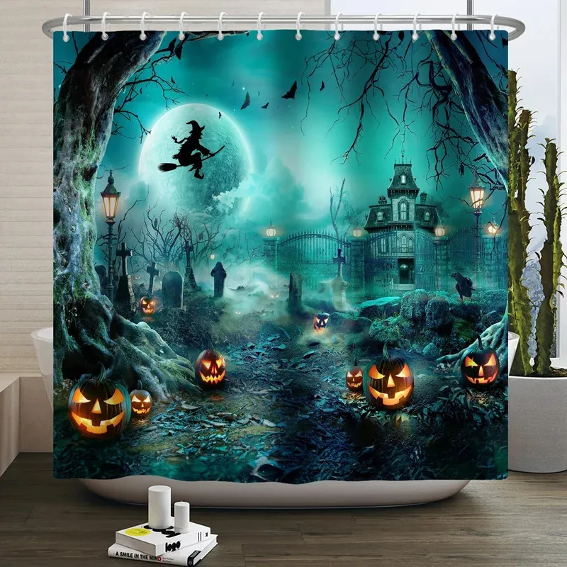

JHB23Занавеска для душа на Хэллоуин, День святых ужасов, ночь, тыквенный фонарь, луна, страшный замок, ведьма, призрак, водонепроницаемая занавеска для ванной комнаты Cur9Kj (