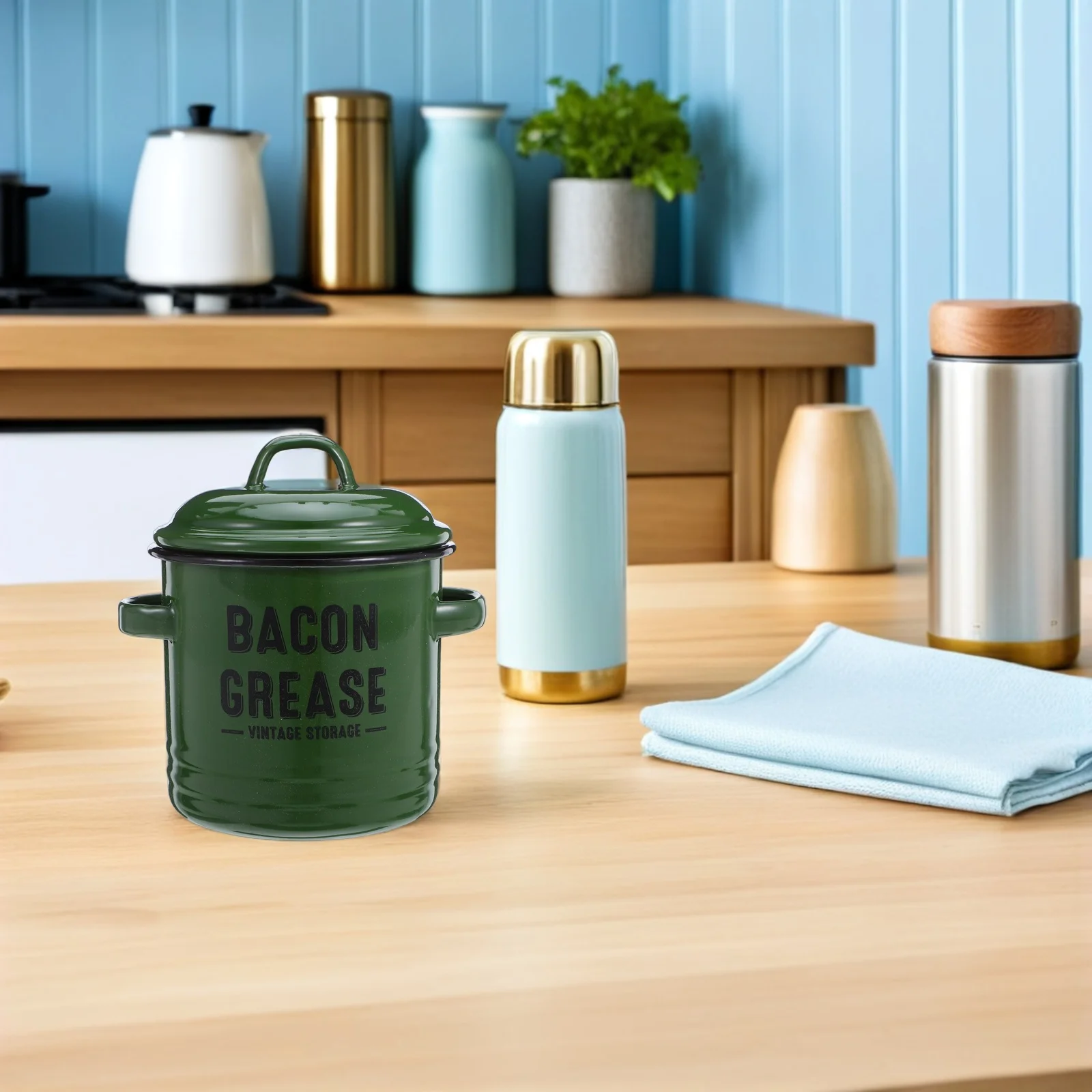 

Enamel Oil Storage Pot with Lid for Kitchen Keeps Ingredients Fresh Ergonomic Handles Oil Container Grease Can