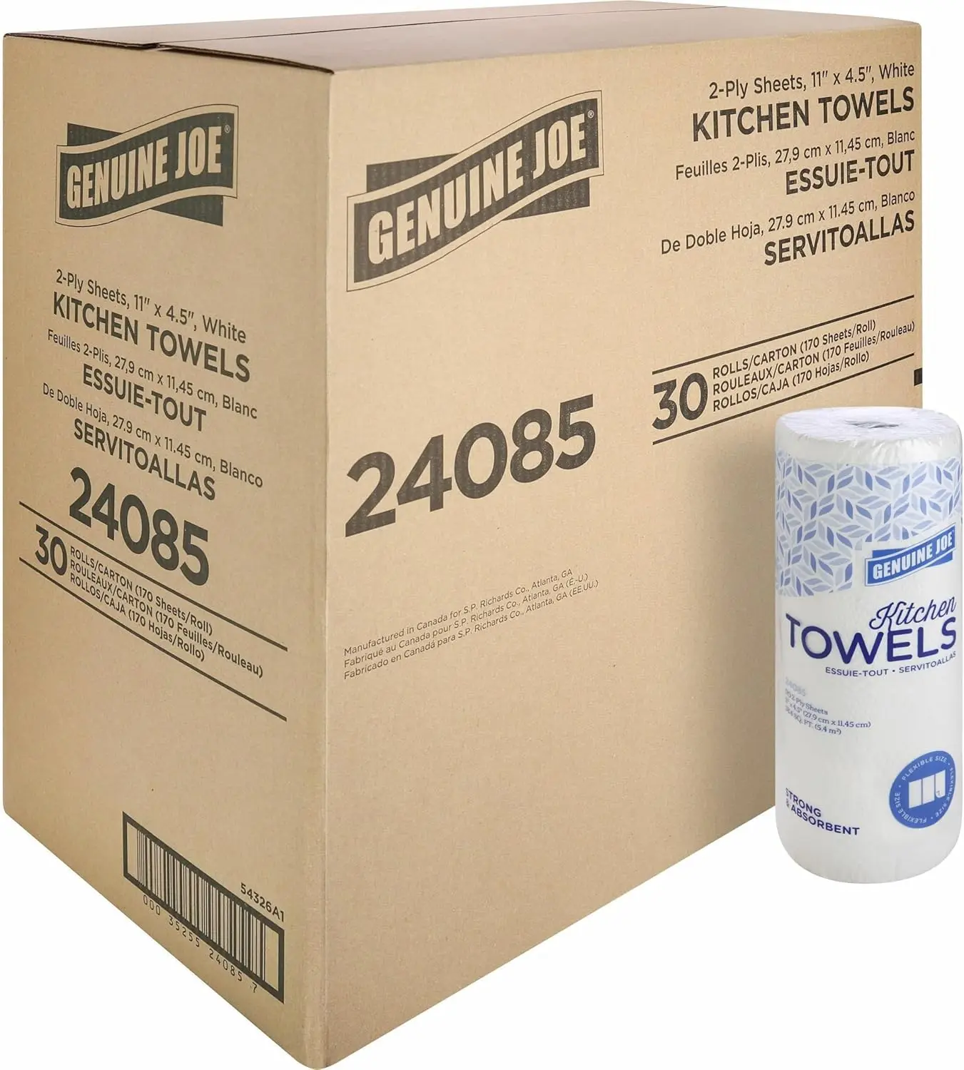 

30-Roll 2-Ply Kitchen Paper Towels, 11"x4.5", 170 Sheets per Roll, Perforated