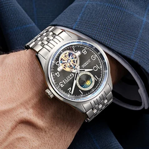 BONEST GATTI Men Automatic Watch 42mm Mechanical Wristwatch Waterproof Sapphire Mirror Luminous Skeleton Sun-Moon Dial Flywheel