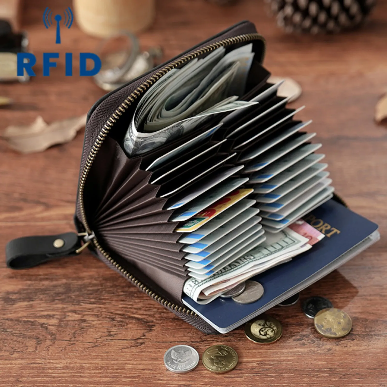 RFID Blocking Credit Card Wallet 24 Slots Holder Genuine Leather Small Purse Bag Zipper Card Cases for Men Women Gift