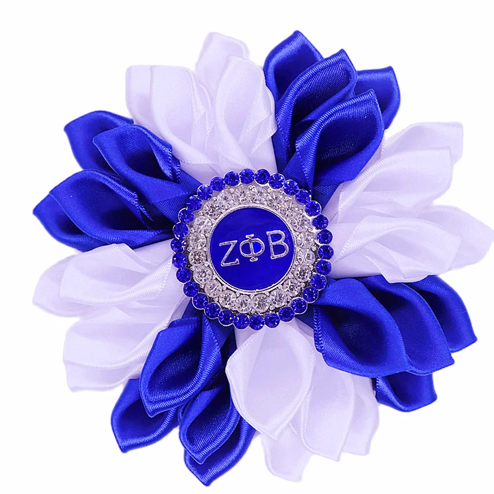 New Made Ladyer Silk Petal Ribbon Corsage Flower Soror Letters Bling Zeta Phi Beta Girls Sorority Brooch Fashion