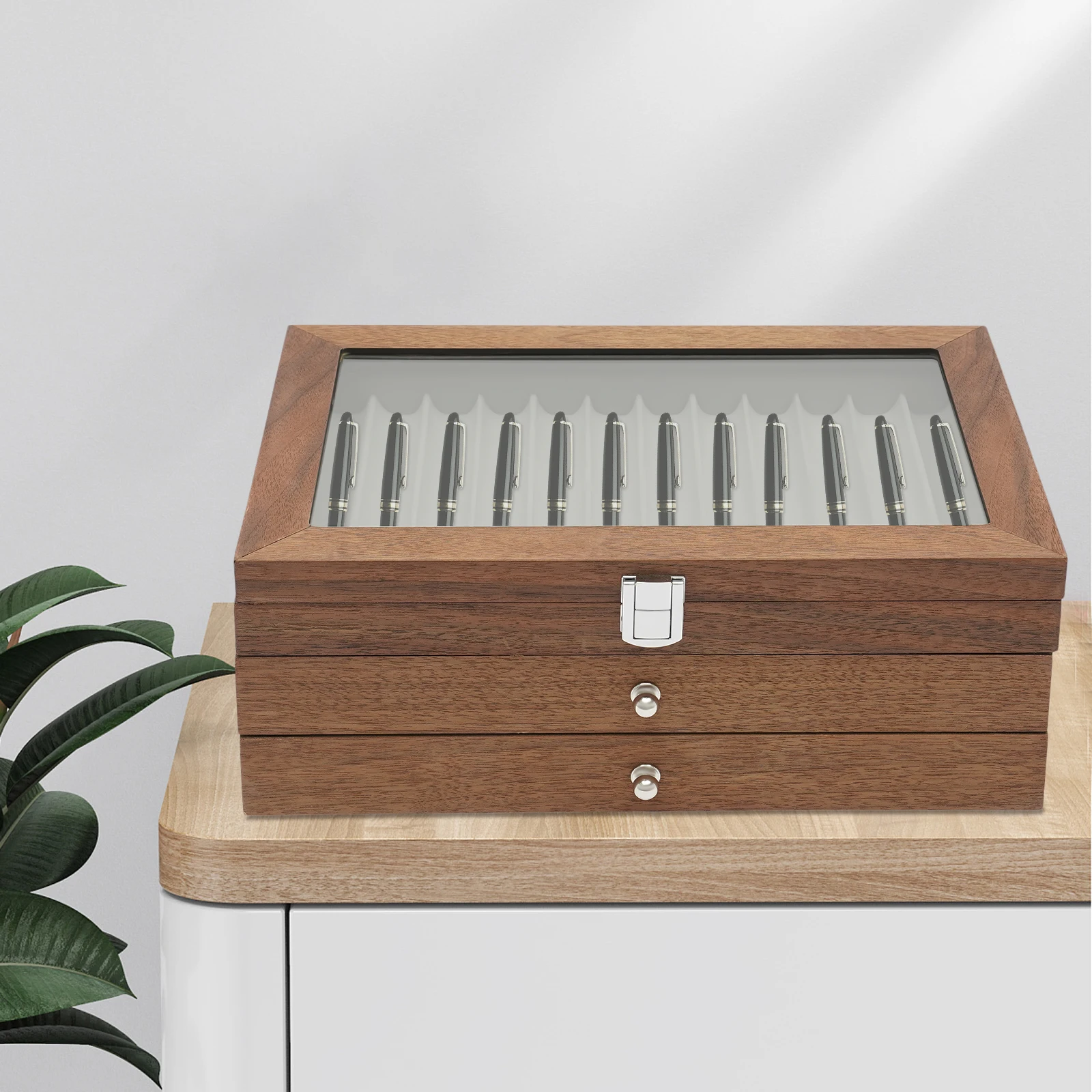 

34 Slots Fountain Pen Storage Case Drawer Cabinet Walnut Wood Show Box Student Stationery Organizer Case for Gift