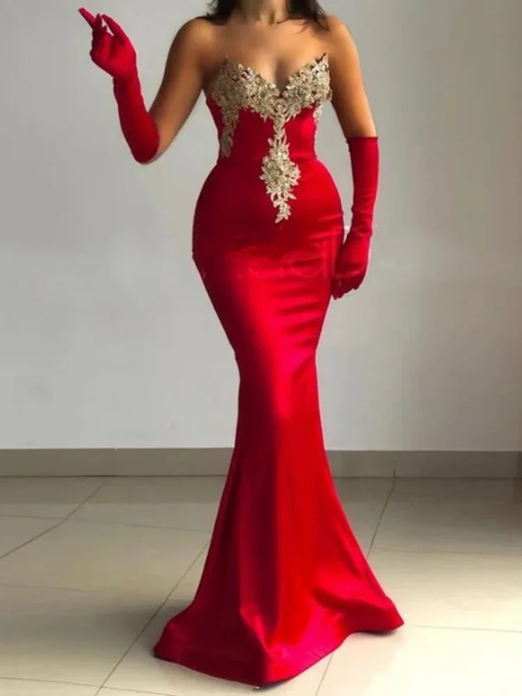 Red Sweetheart Mermaid Wedding Party Dress Appliques Satin Long Sleeves Prom Dresses with Detachable Skirt Arabic Evening Gowns