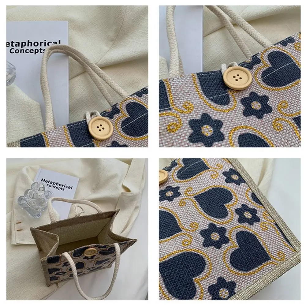 Women Linen Fabric Canvas Handbag Portable With Button Reusable Makeup Storage Small Tote Love Flower Print Lunch Bags
