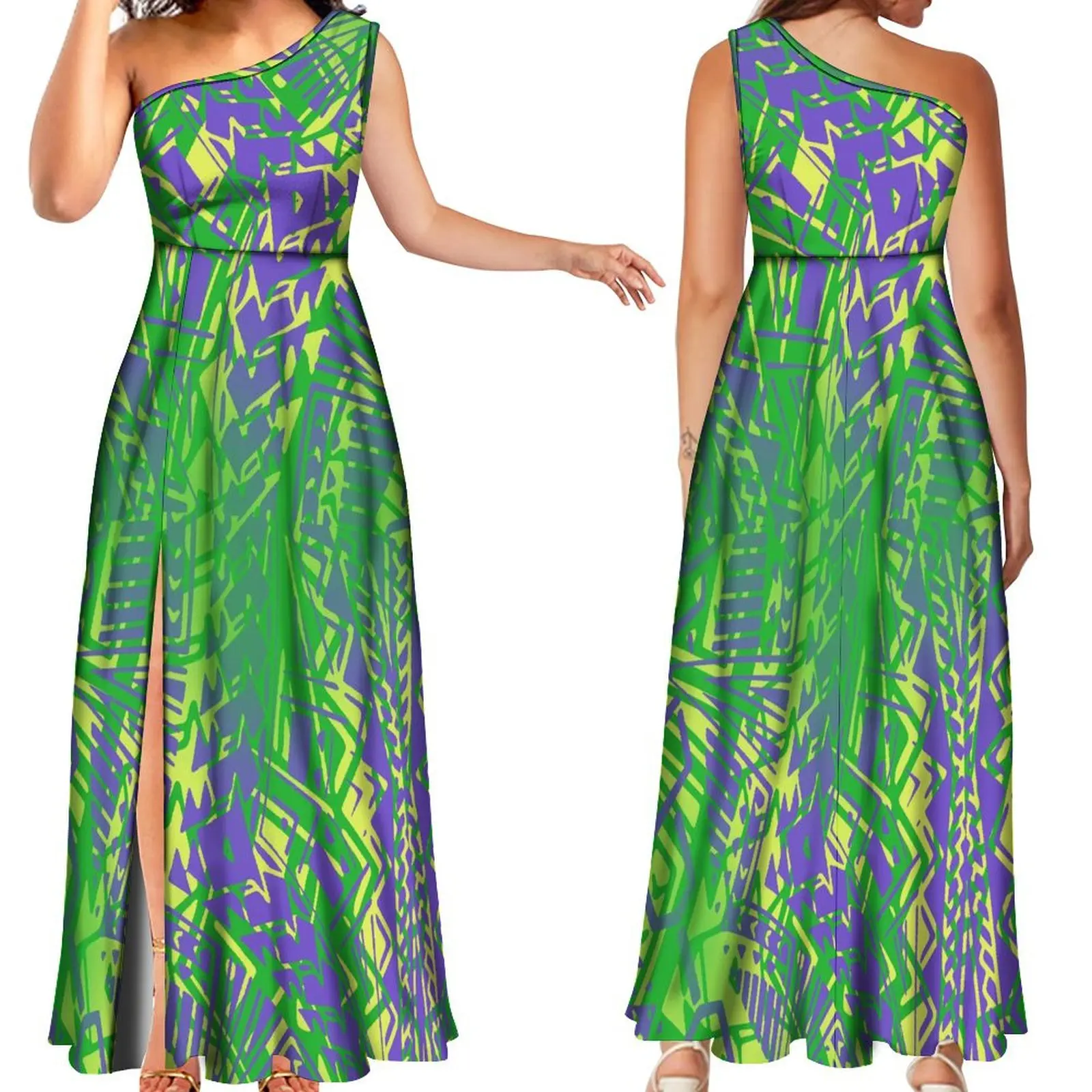 New Design 2025 Women'S Off-The-Shoulder Slit Dress Custom Polynesian Art Retro Print Samoan Fashion Evening Long Dress