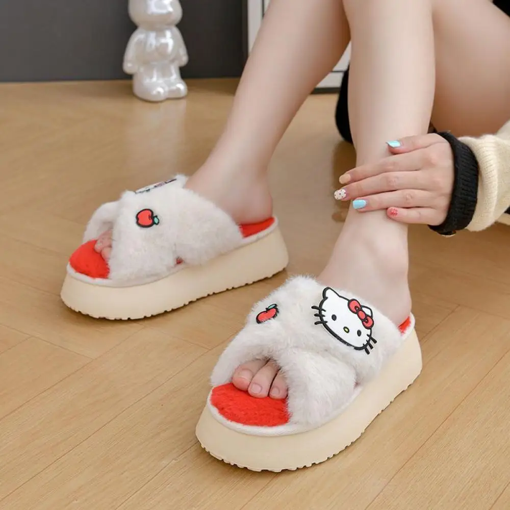 Kuromi Hello Kitty Plush Slippers My Melody Cinnamoroll Kawaii Pochacco Warm Indoor Slippers Flat Non-Slip Cute Girls Home Shoes