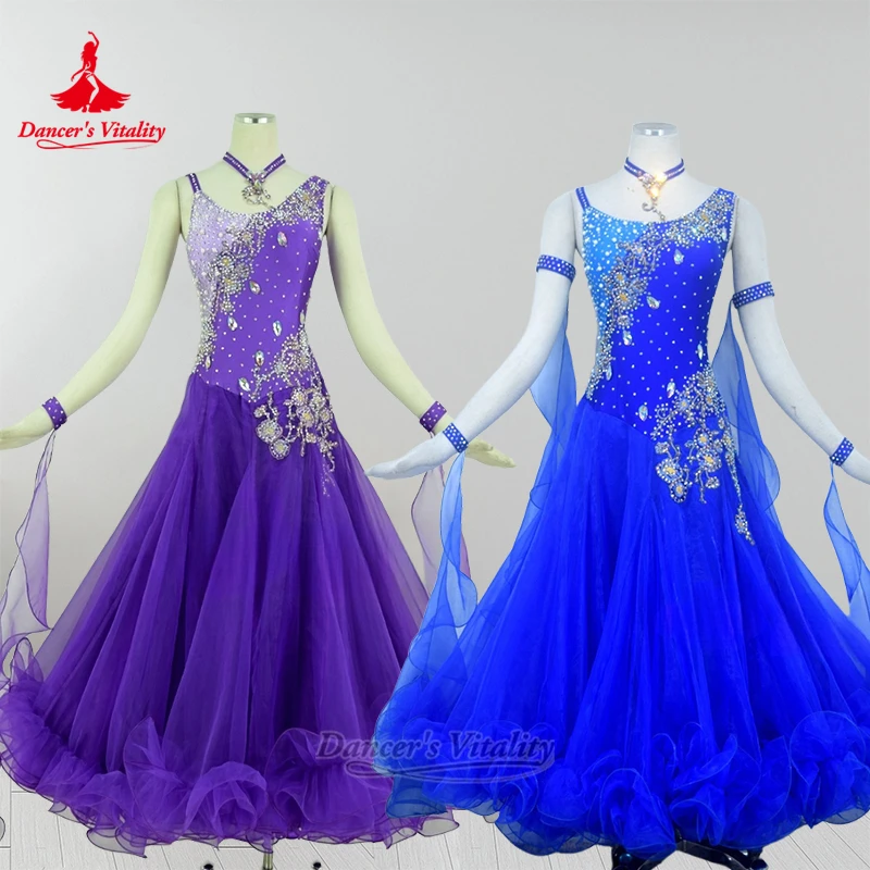 

Adult Waltz Foxtrot Perform and Contest Clothing Dancer's Vitality Ballroom Dance Luxury AB Stones Sleeveless Dresses Customized