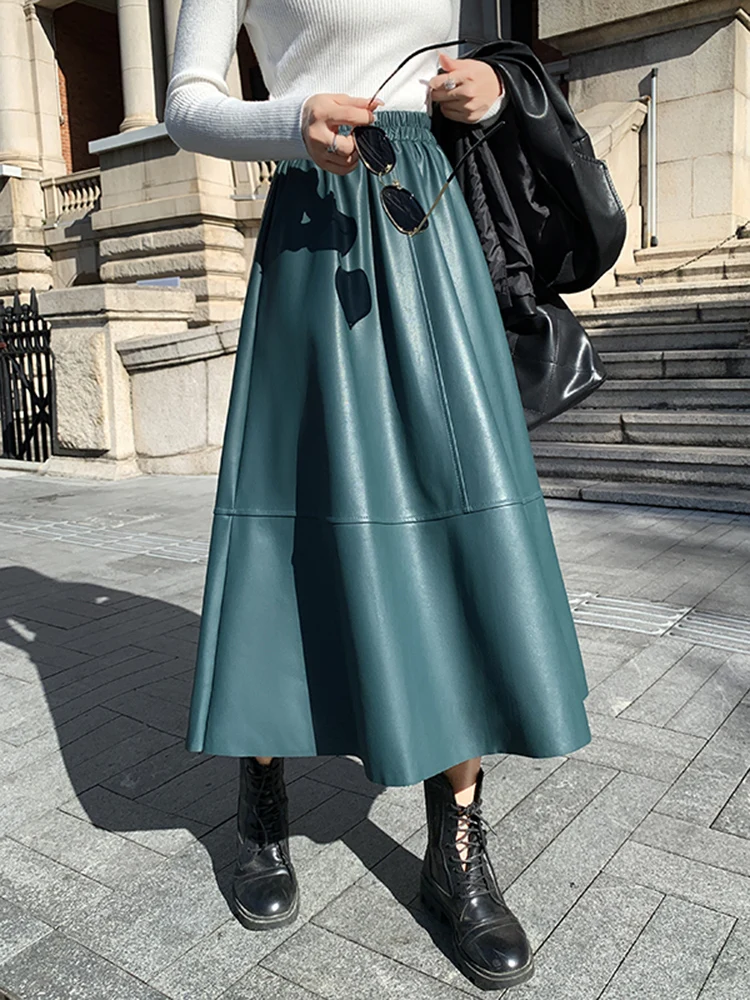 Gonna in Pelle PU a Vita Alta da Donna, Nuova Collezione Autunnale, Gonna Midi Pendente Snellente, Gonna a Linea A Elegante per il Lavoro