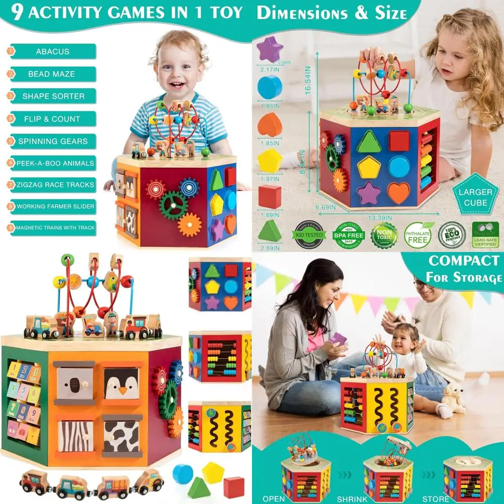 Cubo de atividades agrícolas de madeira 9 em 1, brinquedo educativo montessori para crianças de 1 a 2 anos, presente ideal para primeiro aniversário com trem magnético