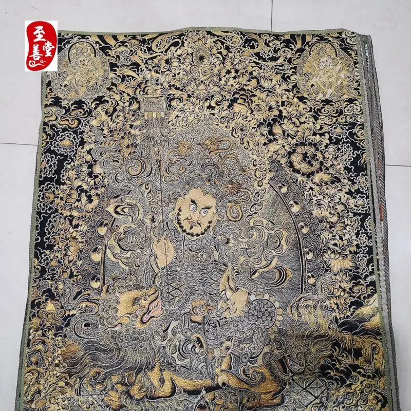 Tibet Tibetan Cloth Silk Black and gold color fortune god Thangka Tangka Embroidery Painting Embroidery Hanging Pictures