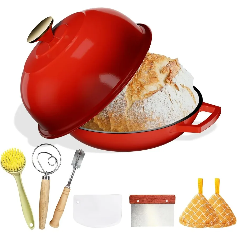 

Cast Iron Bread Baking Dutch Oven - Enameled Cast Iron Oven Pot with Dome Lid, 5QT Bread Baker for Perfect Crust, Oven Safe to 5