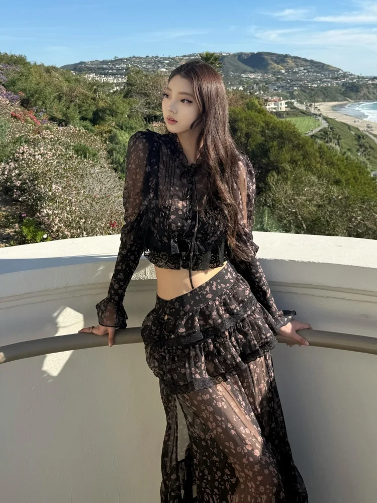 

Spring Summer Floral Print Chiffon Top Half Skirt Women's Two-Piece Set Casual Loose Fit Long Sleeve mid High Waist