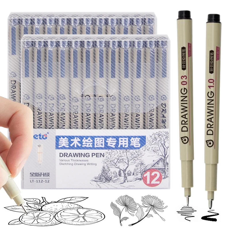 12PCS black Fine-Line Manga Markers Hand-painted Needle Pen Sketch Pens Stationery Set Art Supplies Manga Sketching Drawing pen