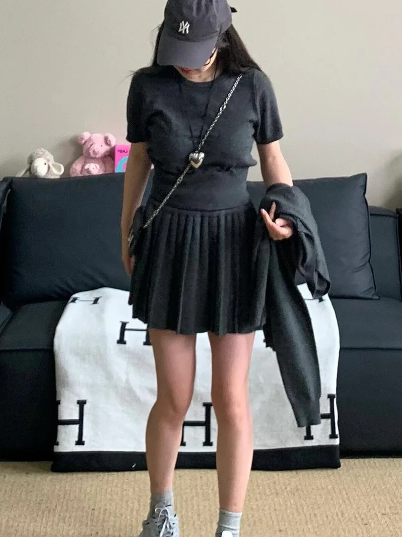 Autumn Miu Series Ultra ular Women's Knitted Top Skirt Set High Waist Casual Sle Mid-Thi Warm Pure Color Tee-Piece Set