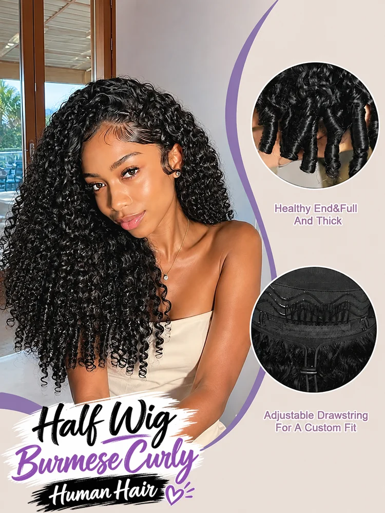 Parrucca a metà testa riccia birmana, densità 230, realizzata con capelli umani, pronta da indossare, 3 in 1, con cordoncino, clip invisibili e sistema a sovrapposizione.