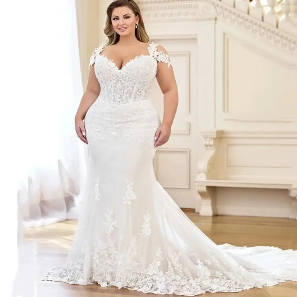 Abito da sposa a sirena su misura Appliques di pizzo maniche a goccia cinturini lunghi eleganti abiti da sposa avorio Plus Size abiti da sposa 2024