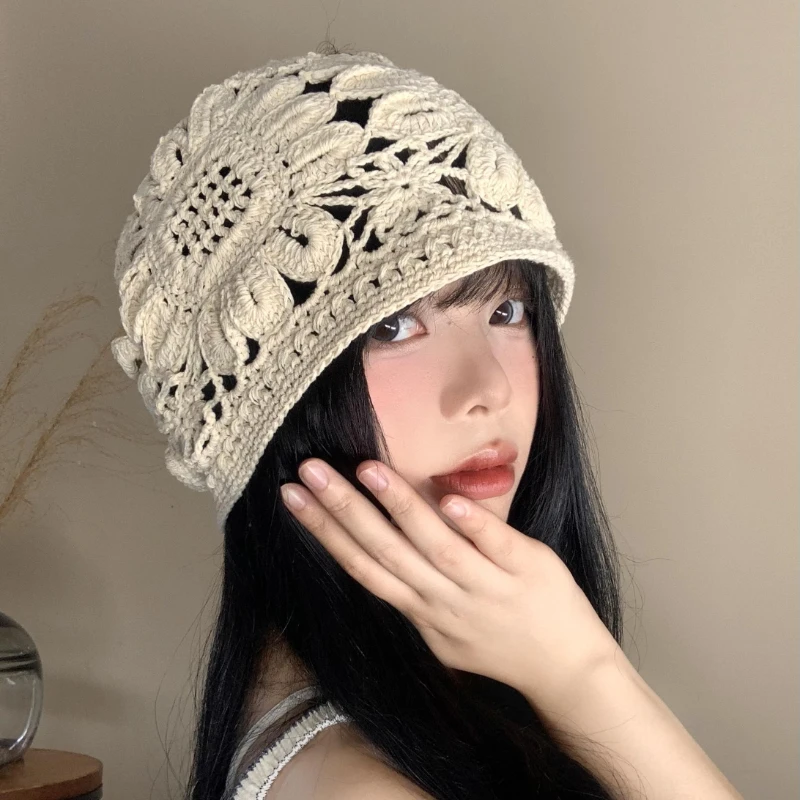 Mori Handmade Crochet Hollow Pullover Hats dla kobiet Lato Jesień Cienki Wszechstronny Styl Bohemian Fashion Casual Beanies Cap