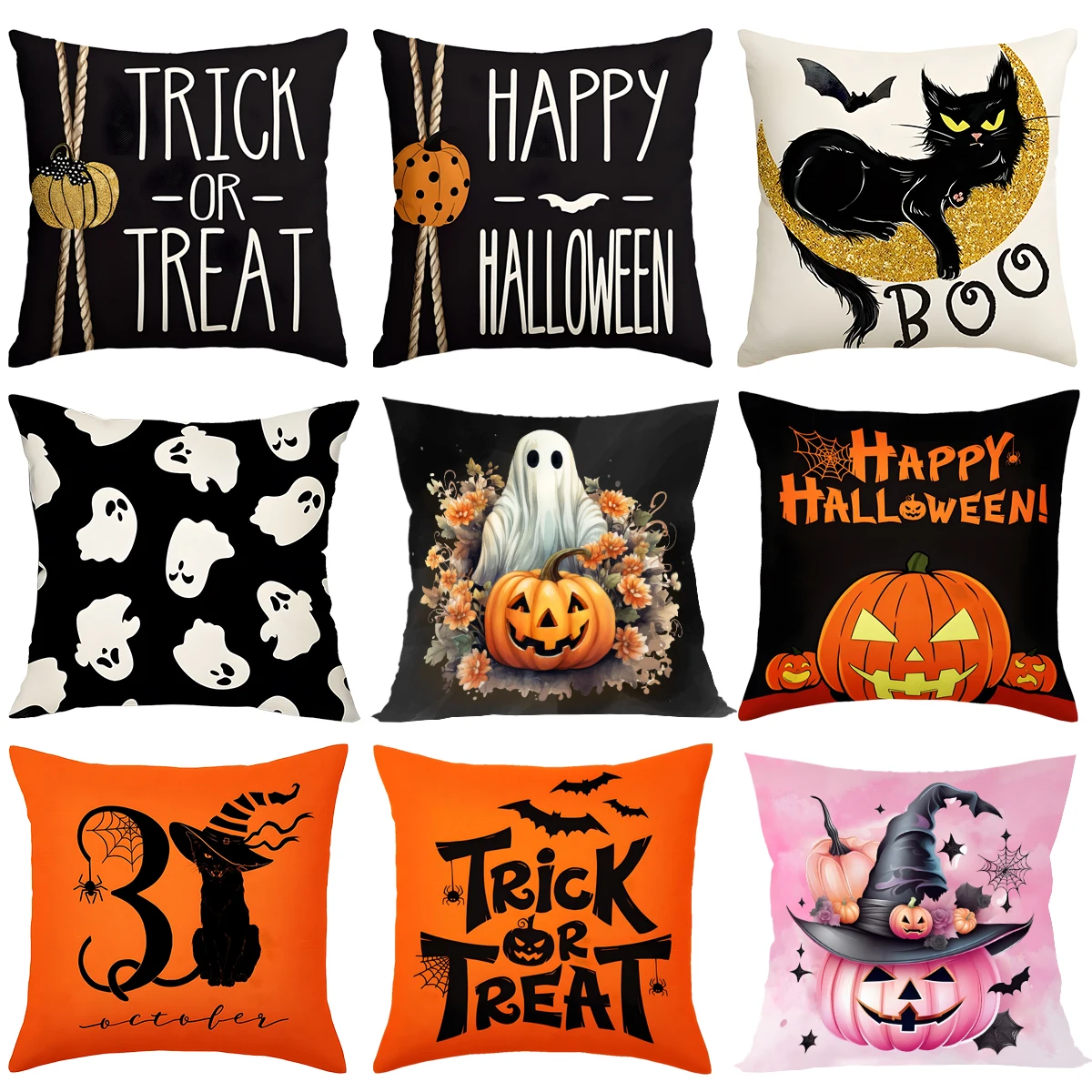 Halloween Linen Cushion Cover Trick or Treat Theme Pillowcase Cartoon Pumpkin Ghost Pillow Cover Halloween Party Decoration 2024