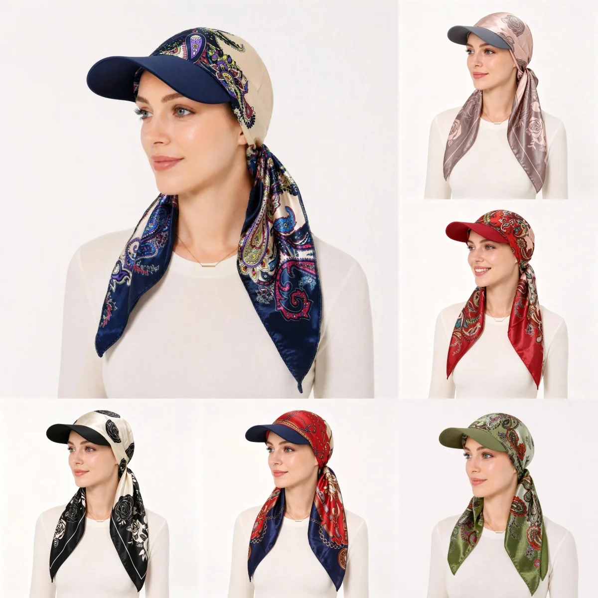 2026 New Women Hijabs Bohemian Paisley Print Satin Headscarf Hat Silky Triangle Brim Sun Cap Summer Beach Vacation Hair Scarf