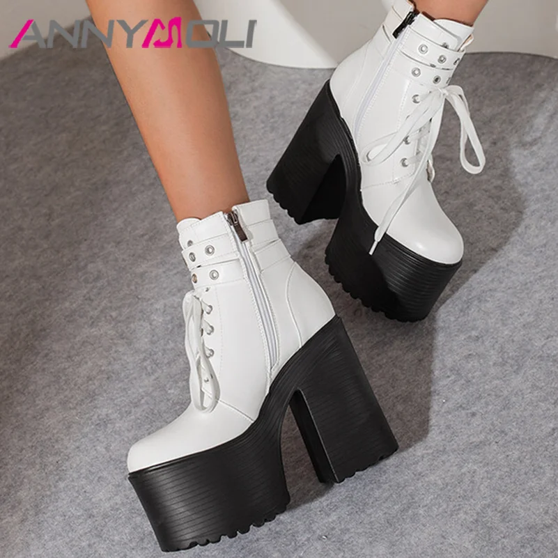 

ANNYMOLI Women Pu Leather Fashion Boots Buckle Punk Ankle Boots Platform Hoof Heel Booties Zipper Lace Up Winter Autumn Shoes