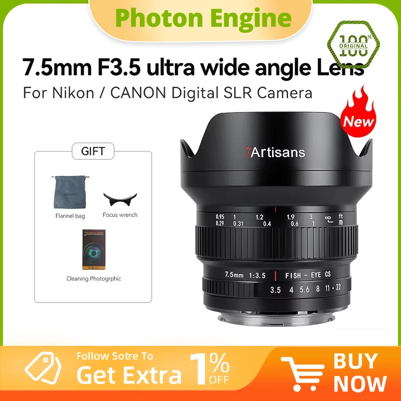 7artisans 7,5 mm F3.5 Mise au point manuel APS-C 205 °   Objectif Fisheye Ultra grand Angle pour appareils photo reflex numériques Canon EOS Rebel T7 Nikon F D750 D90