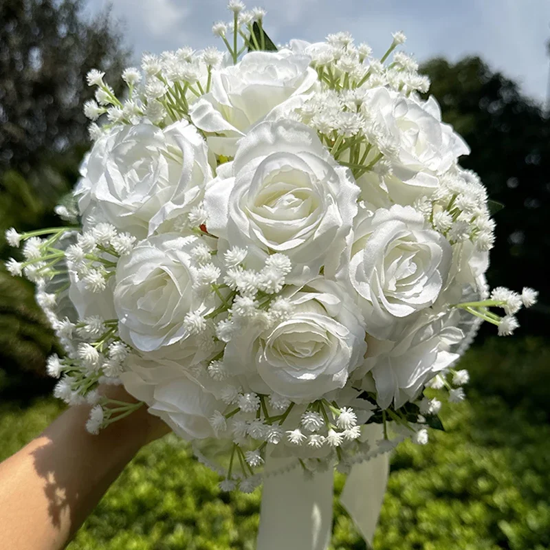 Wedding Bouquets for Bride Artificial Rose Bouquet Silk Bride Hand Holding Pearl Lace Flower Bouquet for Valentines Day Decor