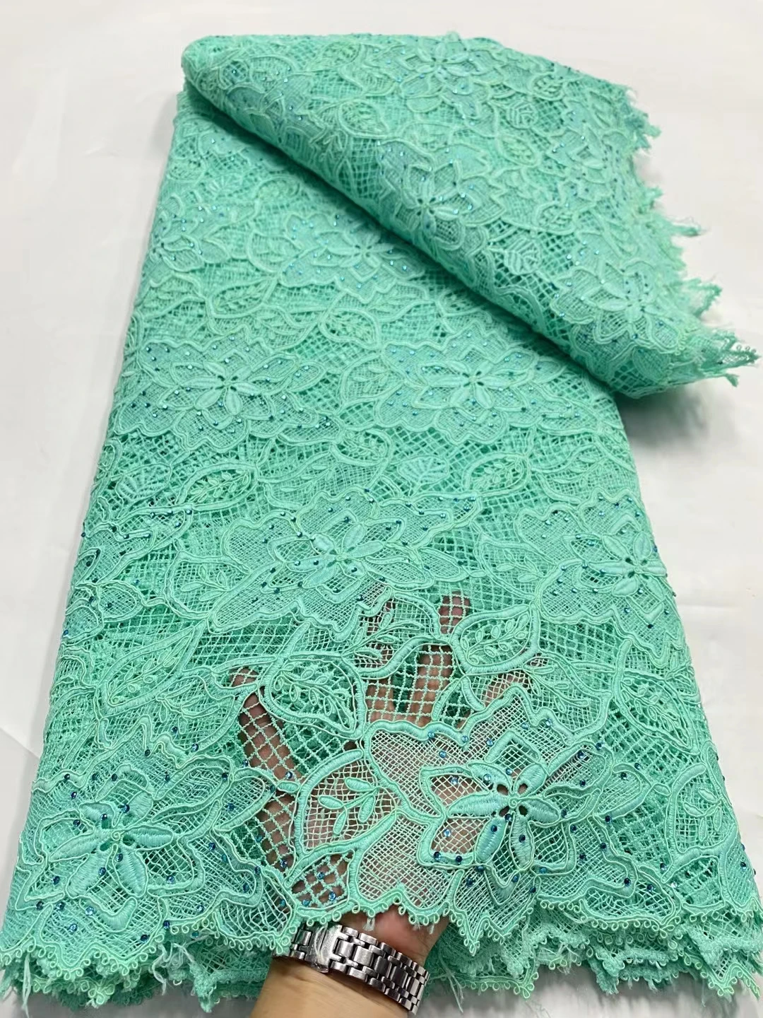 LDPG78 Teal green!Beautiful African cord lace fabric with stones,high class embroidered guipure lace for party/wedding dress