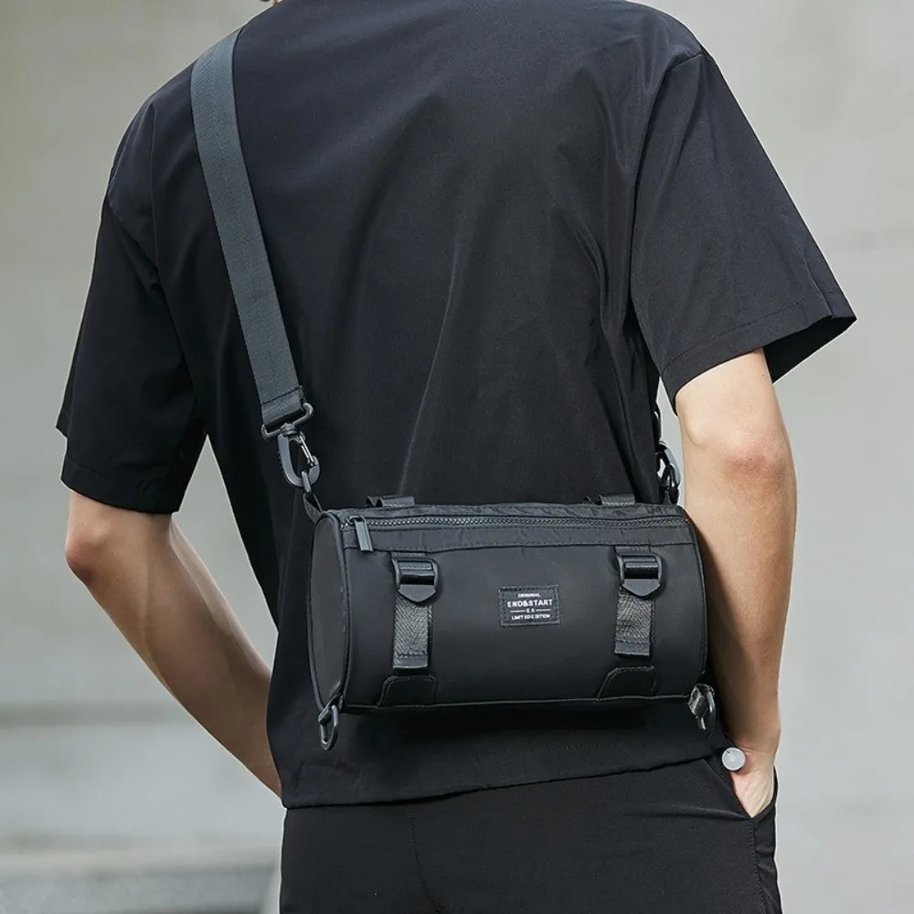 

Solid Color Men Cylindrical Bag Large Capacity Wide Strap Canvas Crossbody Bag Japanese Style Multifunctional