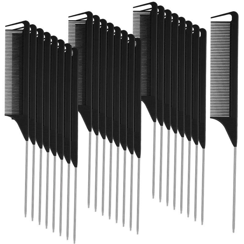 

30 Pieces Parting Comb for Hair Rat Tail Comb Steel Pin Rat Tail Carbon Fiber Heat Resistant Teasing Combs(Black)