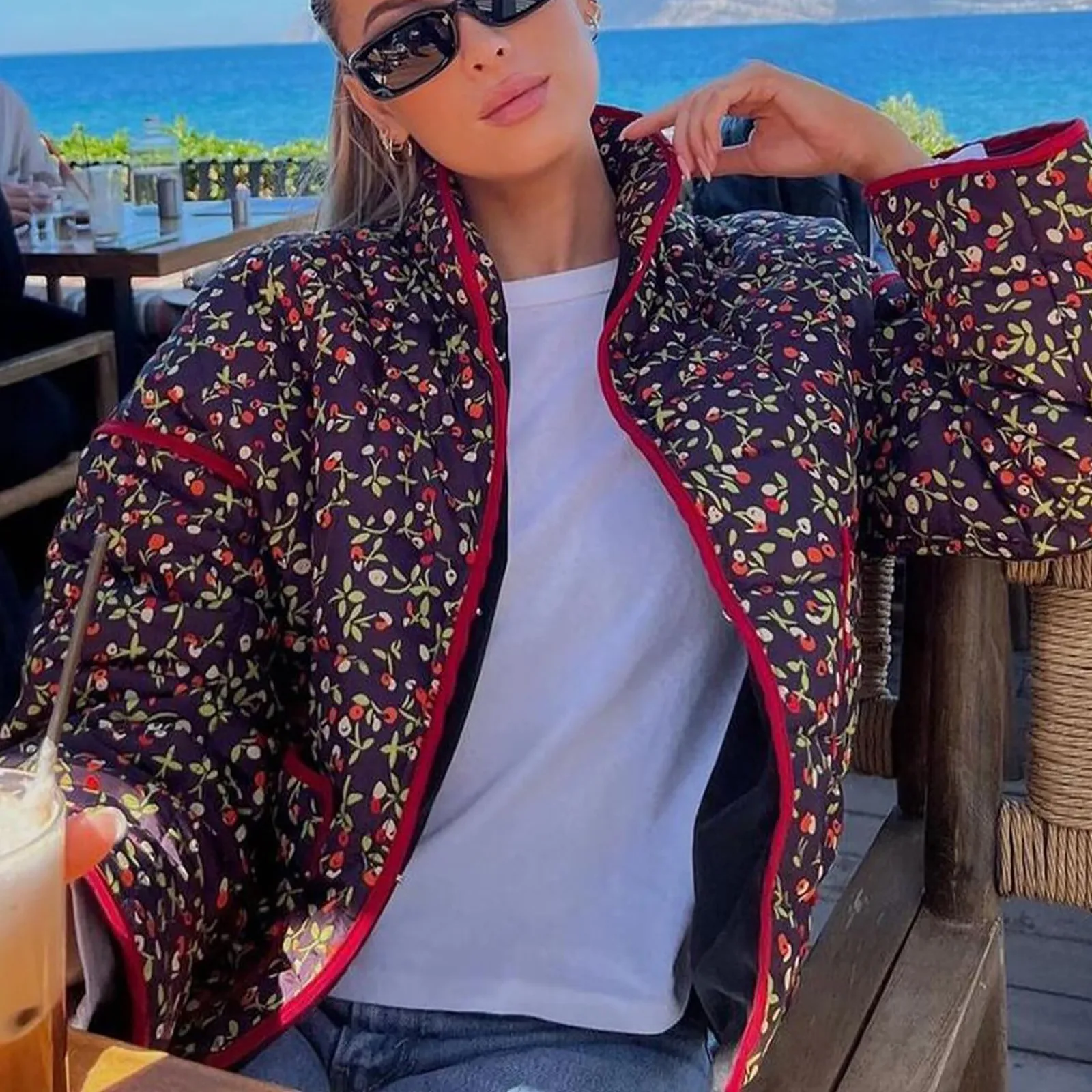 Winter Women's Cropped Puffer Jacket 2024 Trend Floral Print Long Sleeve Pocket Lammy Female Padded Quilted Puffy Cardigan Coats