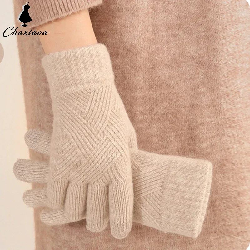 Cycling Warm Gloves Women Men Winter Cashmere Cold Protection Double-layer Thickening Warm Touch Screen Knitted Woolen Gloves