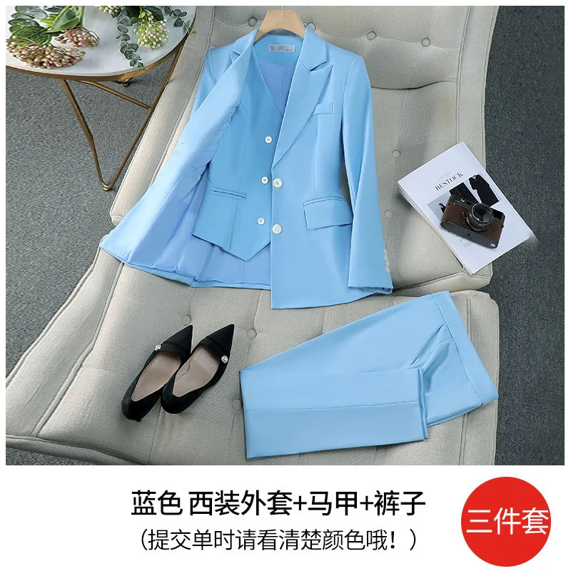 Pink Women Suit Pants Set  Blazer Vest Trouser Cotton Autumn Formal Office Lady Business Prom Jacket Coat With Lining