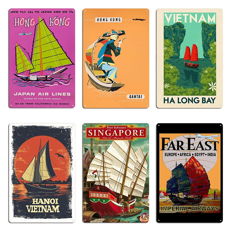 Vintage Vietnam Sail Boat singapore Travel Illustration of Hanoi Ha Long Bay Metal Painting Custom Cinema Garage Tin Sign Poster