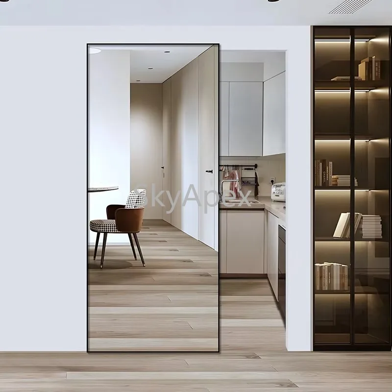 Custom Interior Modern Trackless Mirror Glass Sliding Ghost Barn Door Waterproof  Space Saving Easy Fit Bedroom Bathroom Kitchen
