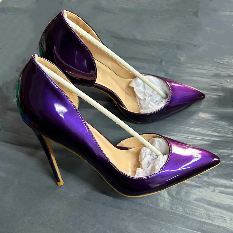 

Sexy Women 12cm Pumps Shiny Purple Glossy Patent Luxury Stilettos OL Office Ladies High Heels Queens Nightclub Pointed Toe Shoes