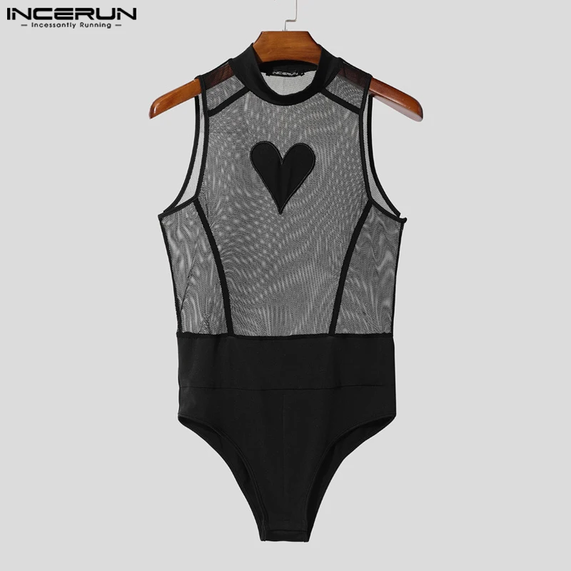 

INCERUN Men Bodysuits Mesh Patchwork See Through O-neck Sleeveless Male Rompers Sexy Streetwear 2025 Fashion Bodysuit Playsuits